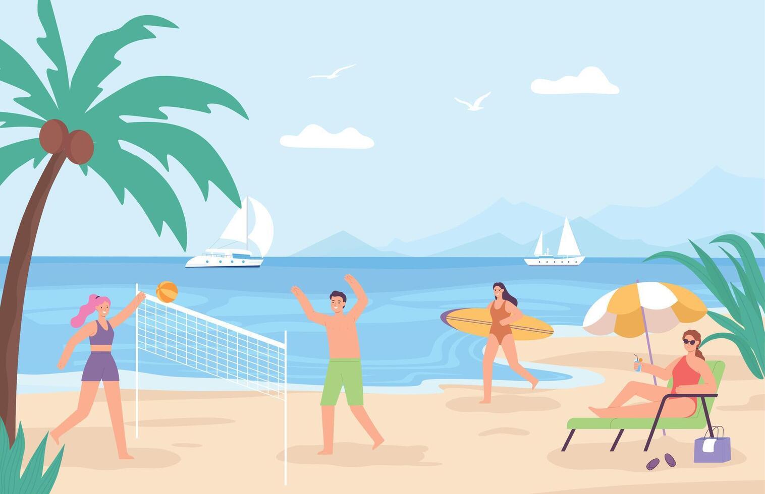 People at beach. Cartoon sea landscape with characters on vacation. People playing volleyball, relaxing vector