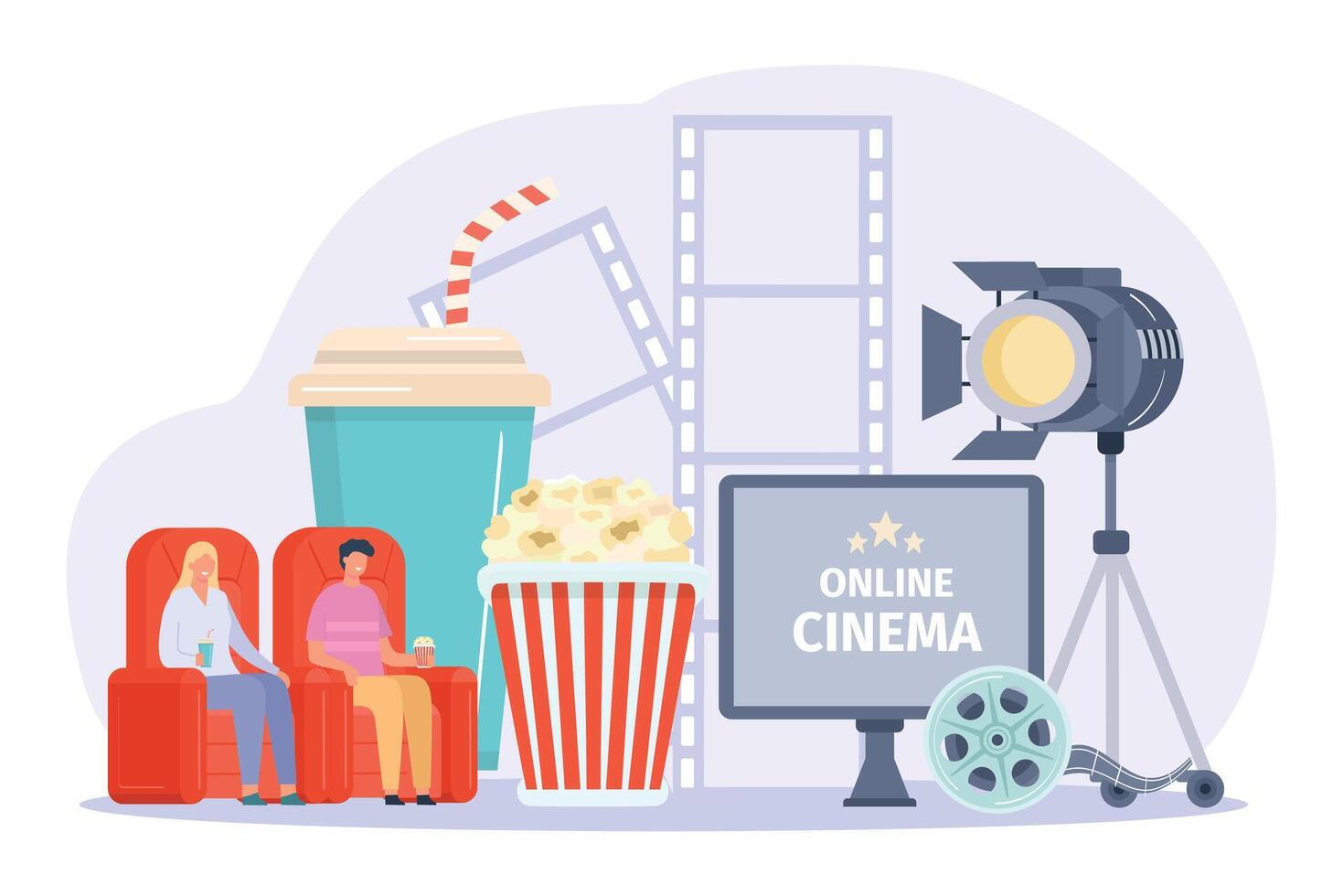 Online cinema concepts, watch movie with soda and popcorn at home vector