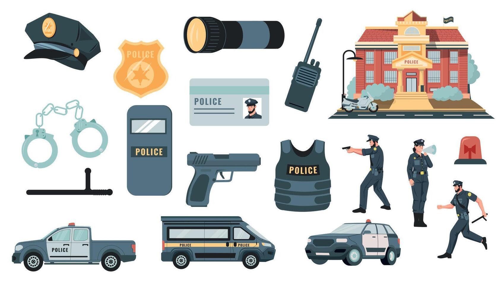 Police equipment. Policeman bulletproof vest badge car handgun flashlight, cartoon professional patrol officers and cops tools. Vector flat set