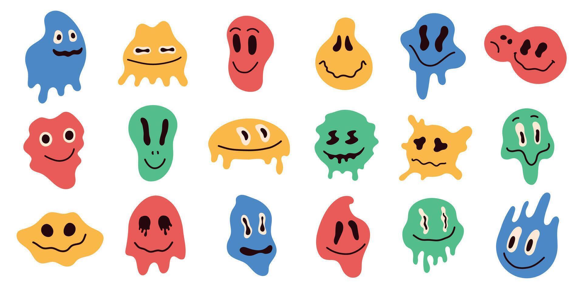 Colorful distorted emoji. Abstract melting faces surreal acid groovy meltdown faces, acid warp face icons. Vector 90s psychedelic set