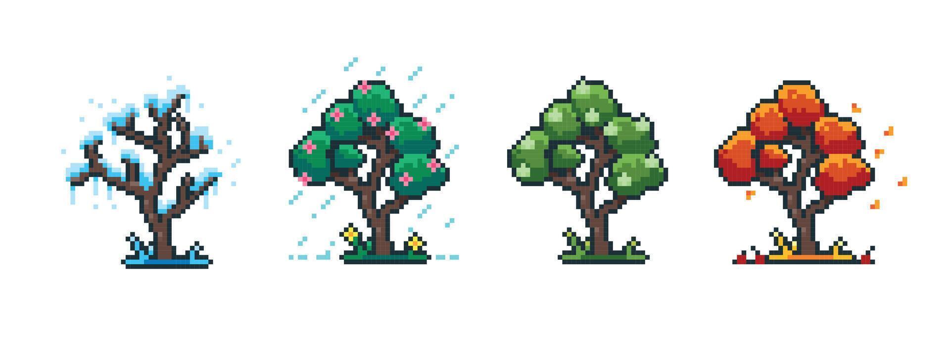 Season pixel tree. 8 bit spring summer autumn and winter cartoon tree for retro video game. Vector green and white garden plant