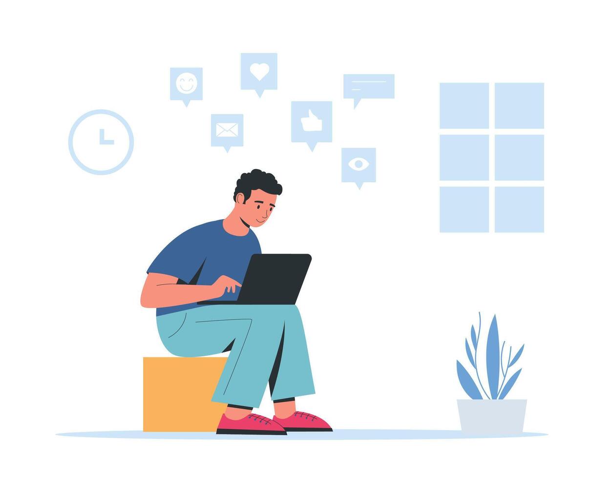 Man with laptop and browsing networks for chatting and getting likes and hearts vector