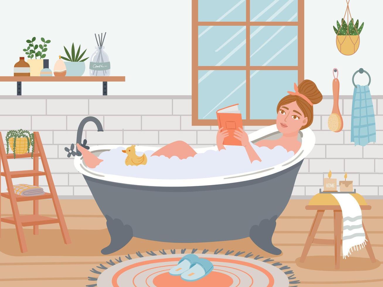 Woman having bathroom with foam and reading book. Female character relaxing with burning candles and aroma therapy vector