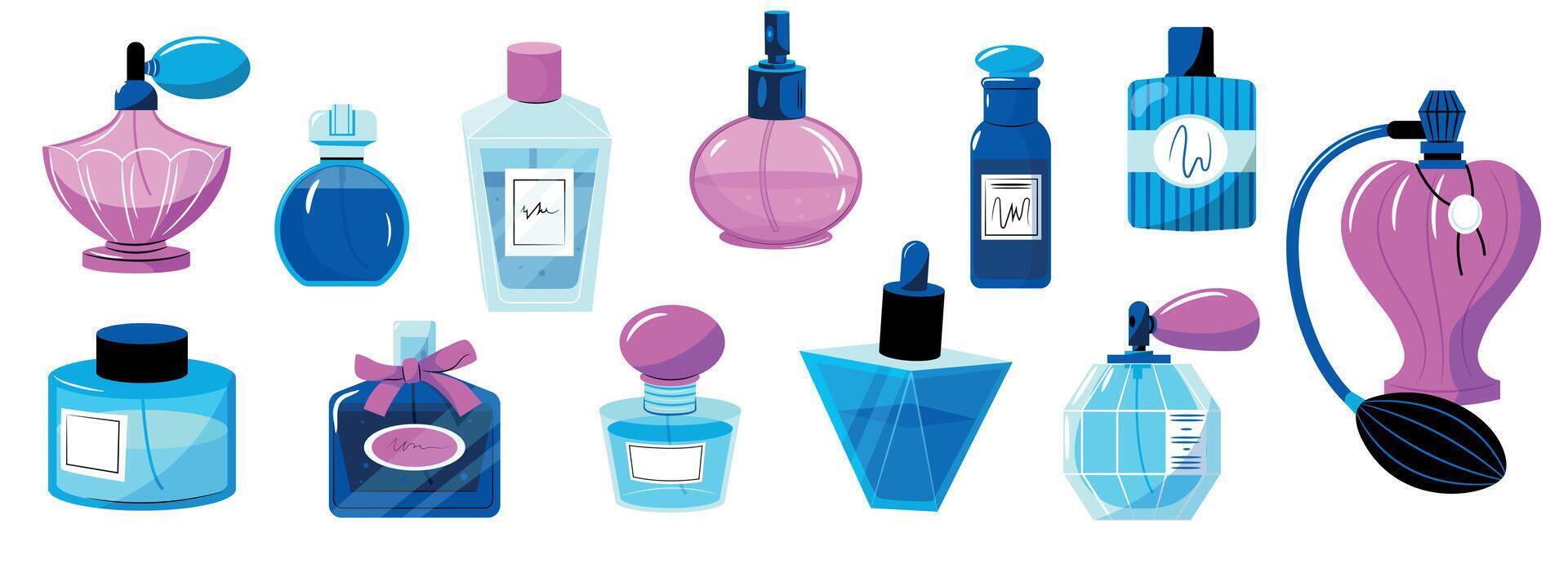 Cartoon perfume bottles. Colorful tubes with luxurious fragrances and woman cosmetic products, luxury cologne. Vector set