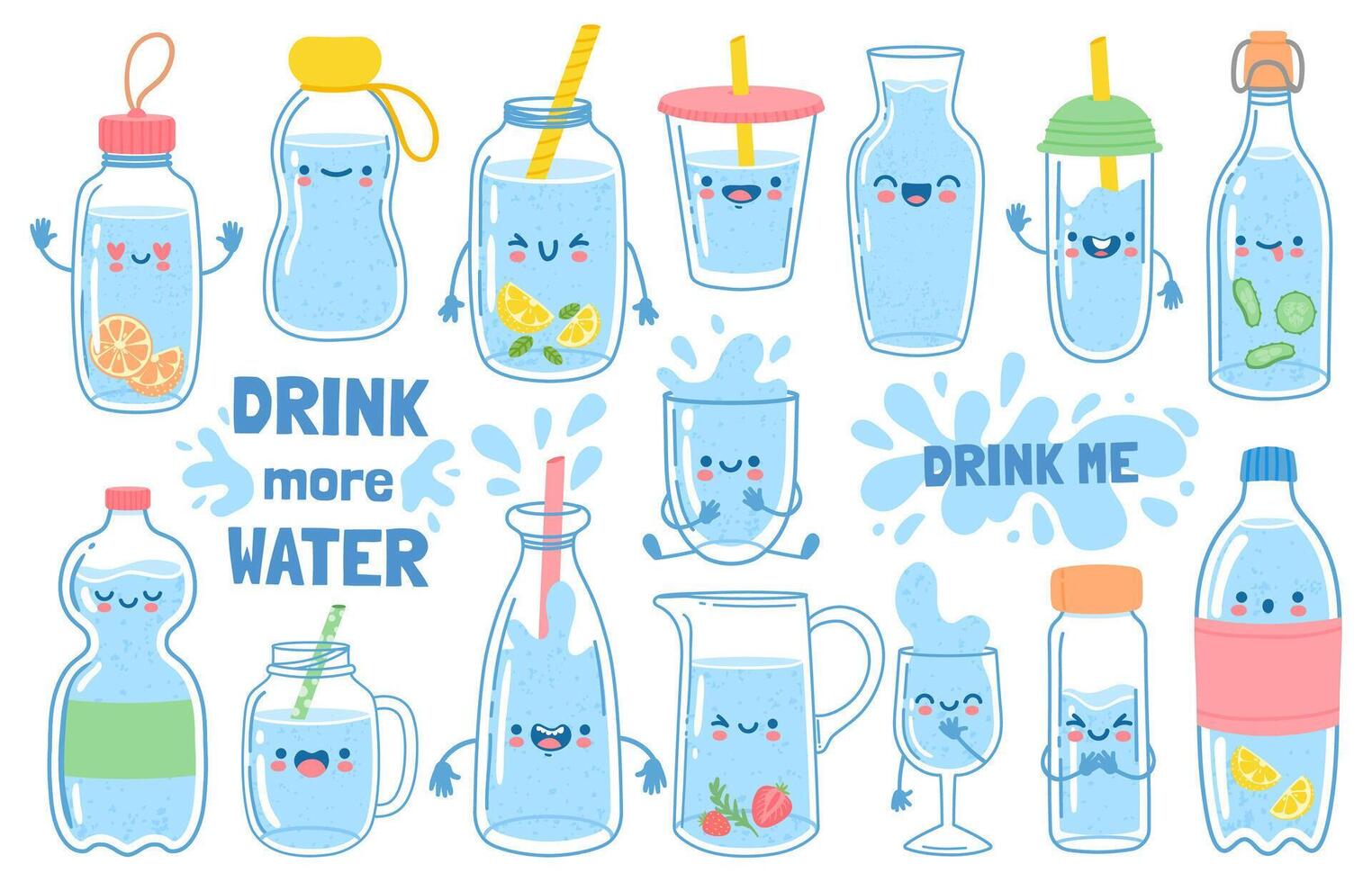 Drink more water. Bottles, glass and jug with funny cartoon faces. Detox waters with lemon and mint. Motivation for health habit vector set