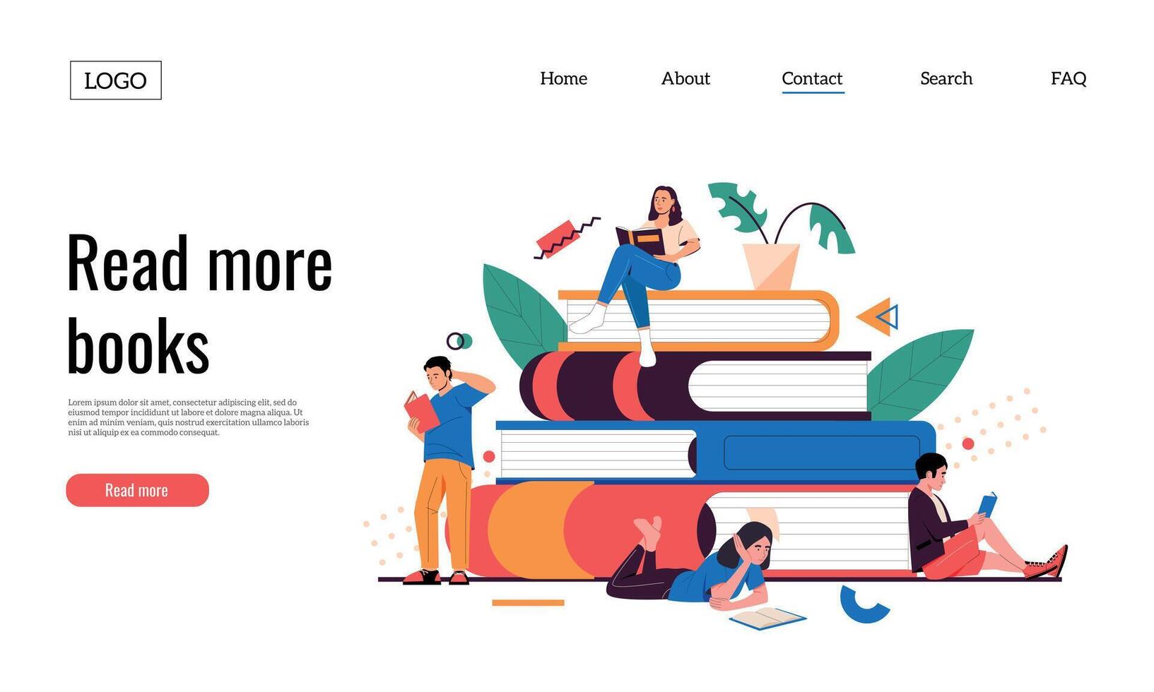 Persons with books landing. Web site template with cartoon young characters reading books. Vector self education web page