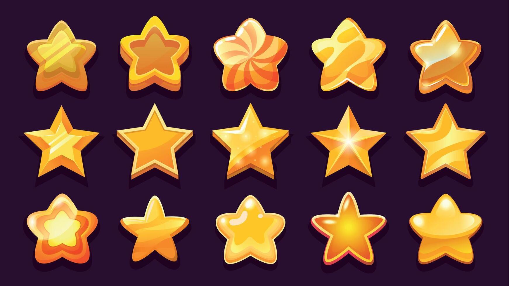 Game UI star. Golden bronze copper gaming win stars of various forms, 2D game asset of shining glossy achievement sign collection. Vector cute interface elements set