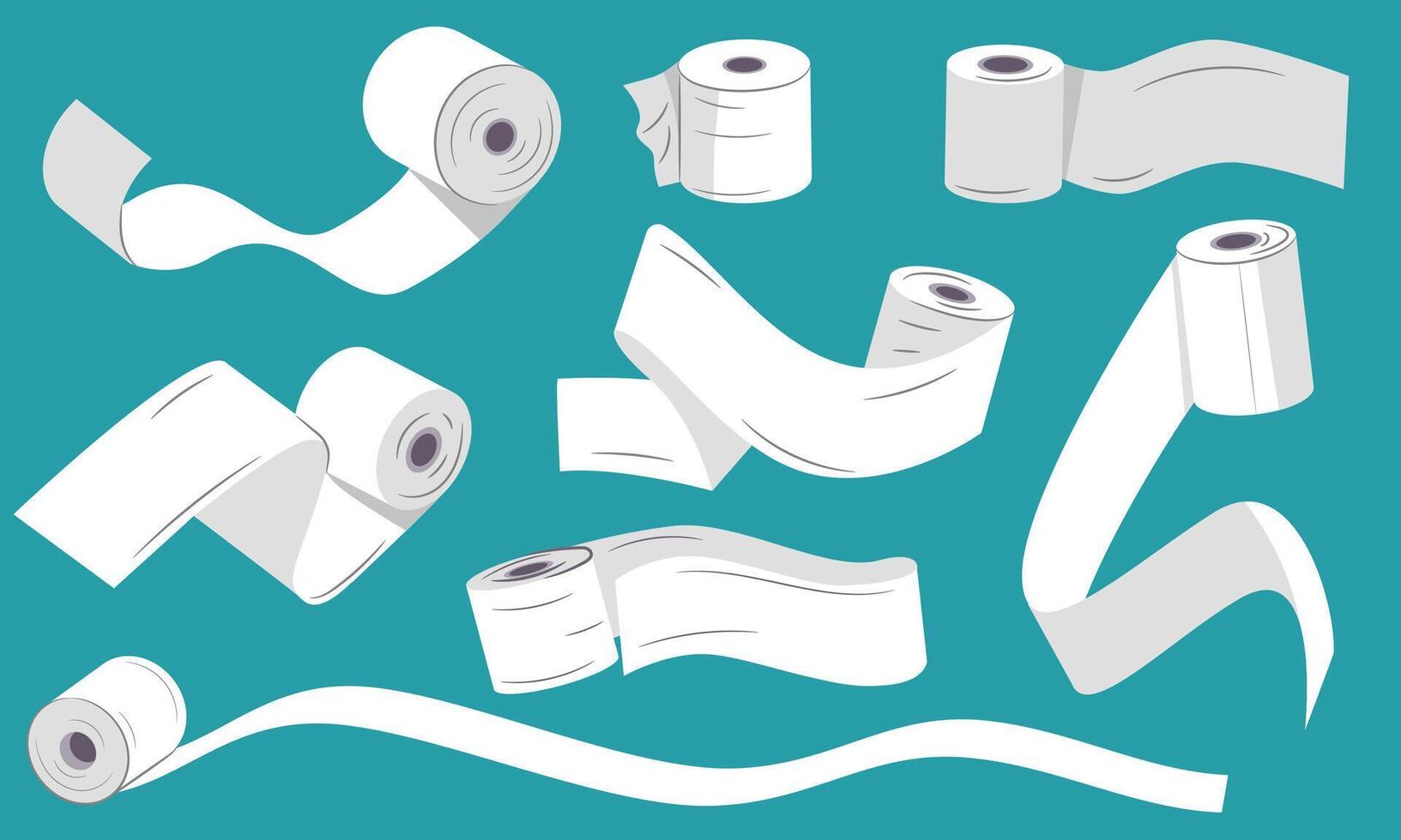 desenrollado baño papel. pañuelo de papel rodar con cintas, desenrollado mano toalla y papel servilleta, volador baño papel servilleta higiene concepto. vector conjunto
