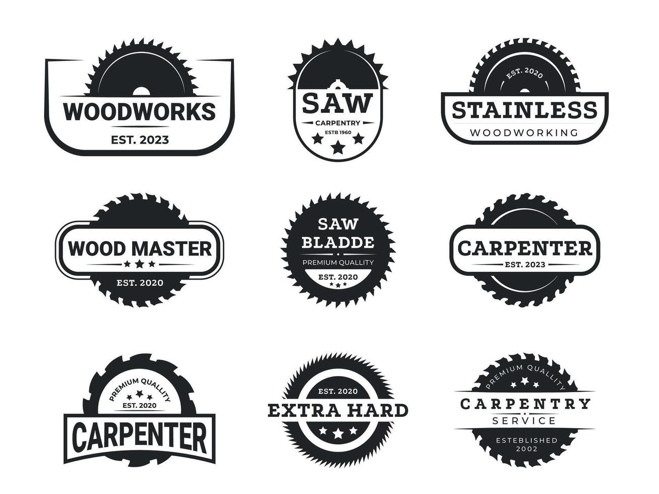 Circular saw carpentry logo. Industrial saw blade silhouettes for logo design, carpentry professional service and cutting wood equipment symbols. Vector isolated