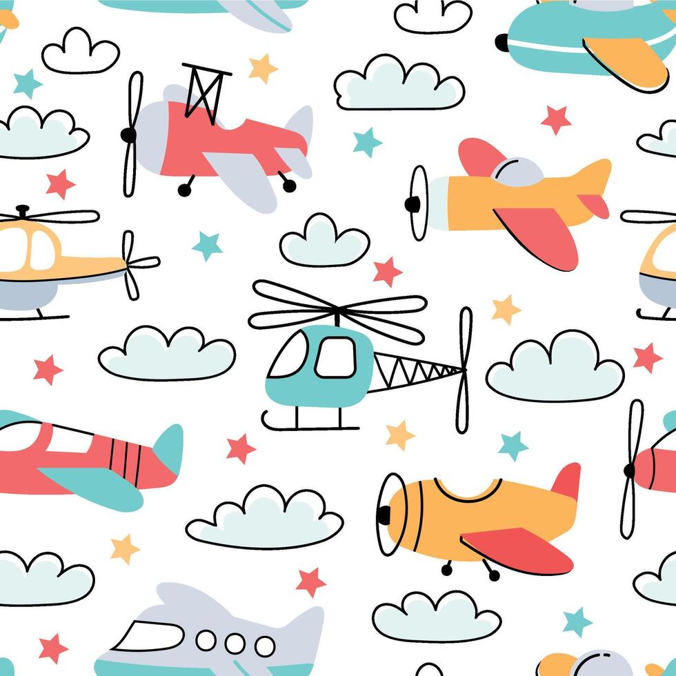 Seamless pattern for boy with cartoon kids airplane and helicopter. Nursery wallpaper with fly planes and clouds. Air transport vector print