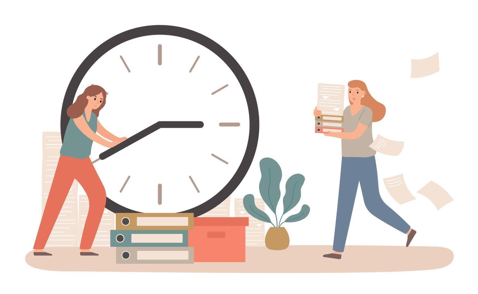 Time management with business deadline clock concept. Woman holding dial arrows trying to stop time. Female employee running vector
