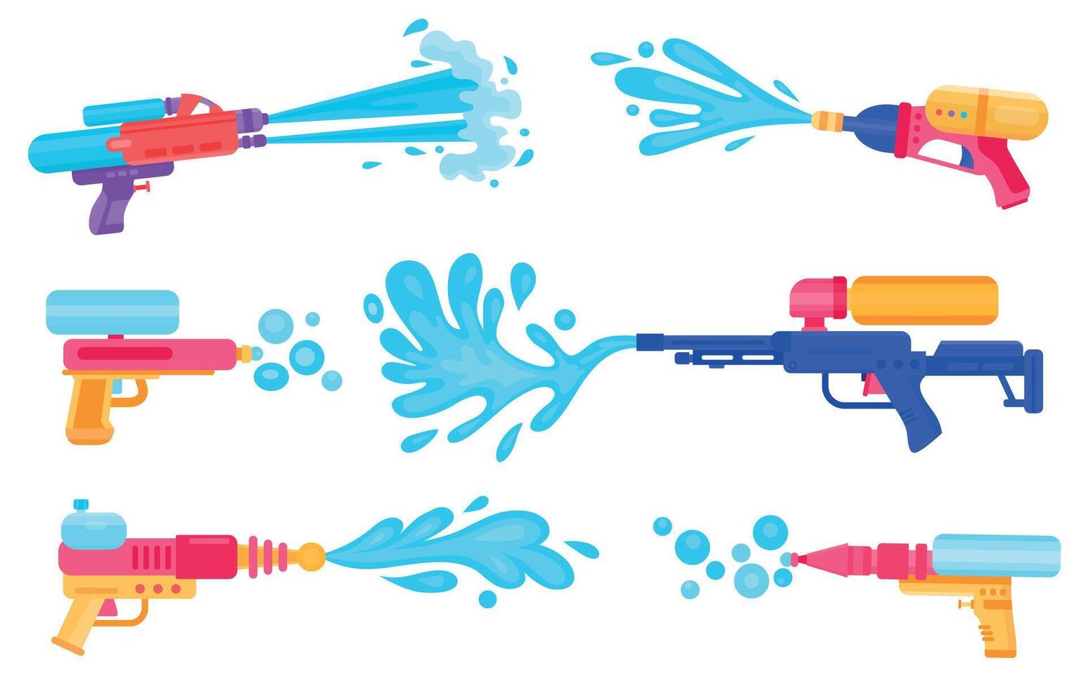 Toy guns spraying water for summer games and songkran festival. Cartoon kids pistols with liquid splashes. Thailand water party vector set