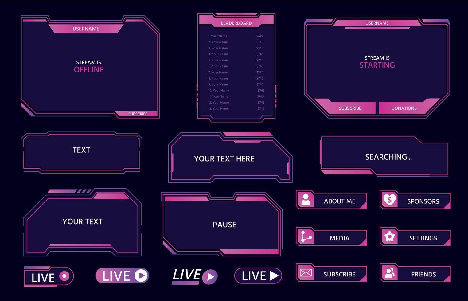 Live stream interface overlay frames for gamer broadcast. Cyber hud screen, panels, buttons and icons design for game streaming vector set