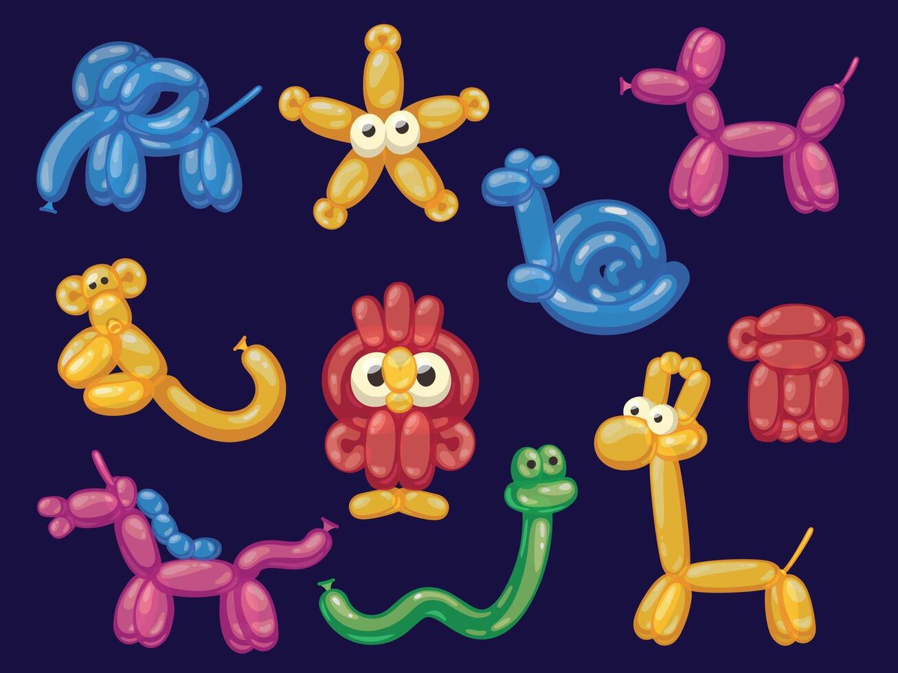 Cartoon balloon animals. Cute helium dog horse monkey elephant snake snail owl giraffe, funny rubber decoration for kids birthday party. Vector set