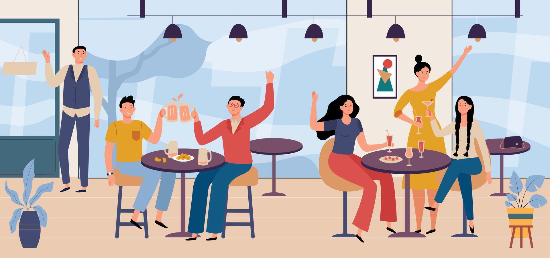 People in restaurant, party with beer or wine vector