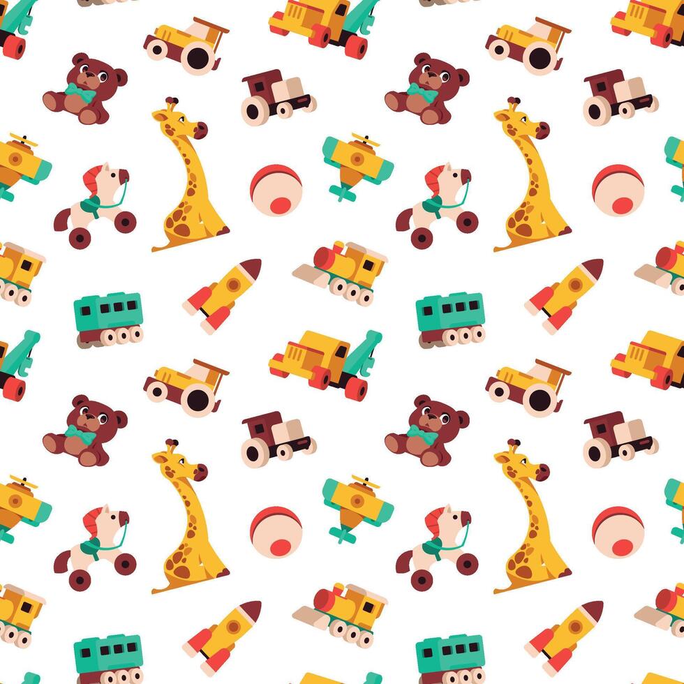 Cartoon toys pattern. Seamless print with kid colorful toys, cute baby transport animals and puzzle games. Vector texture