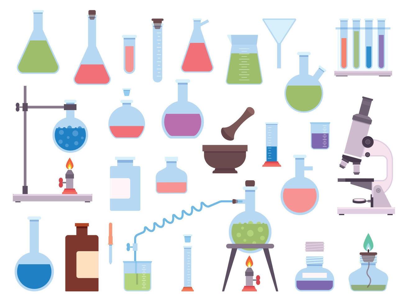 Flat chemistry laboratory glassware equipment for science experiment. Medical lab beaker, test tube, microscope, burner and flask vector set