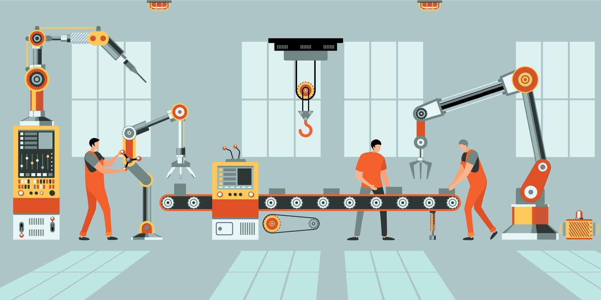fábrica montaje línea. industrial robótico brazo transportador cinturón máquinas ingeniero trabajadores, automático tecnología coche fabricación concepto. vector ilustración