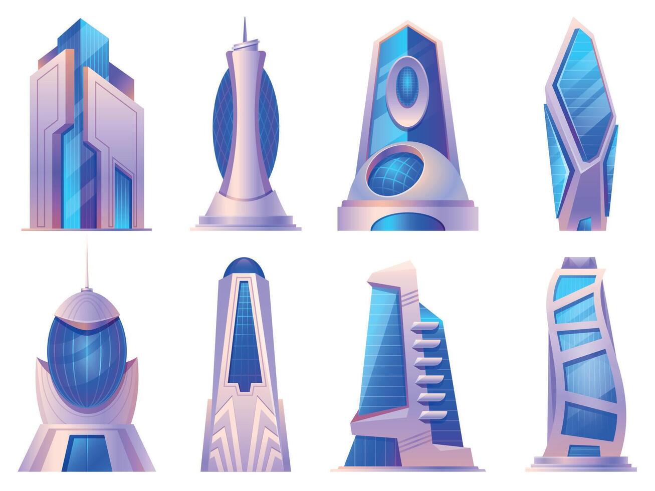 Cartoon futuristic city buildings and skyscrapers glass construction. Alien or future tower build, urban cyberpunk architecture vector set