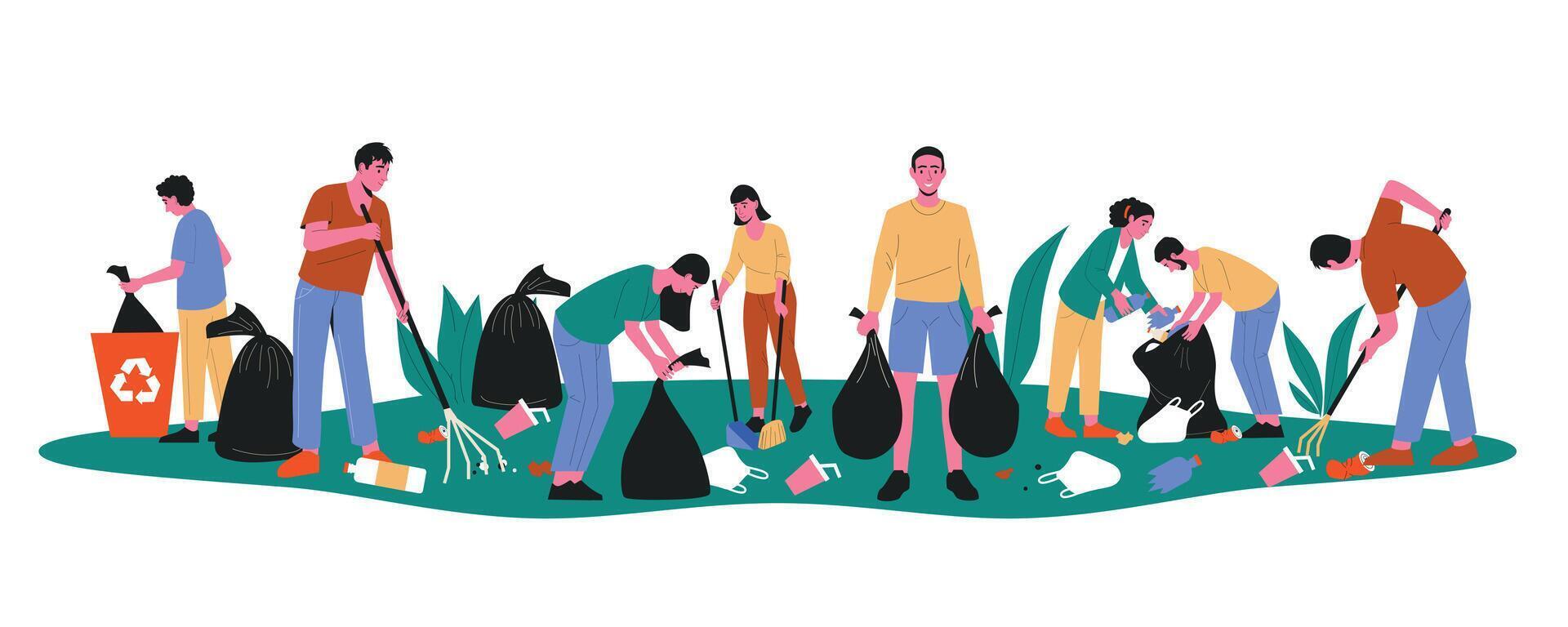 Volunteers cleaning up parks. Cartoon people characters collecting litter picking plastic waste raking garbage, eco voluntary activist. Vector flat illustration