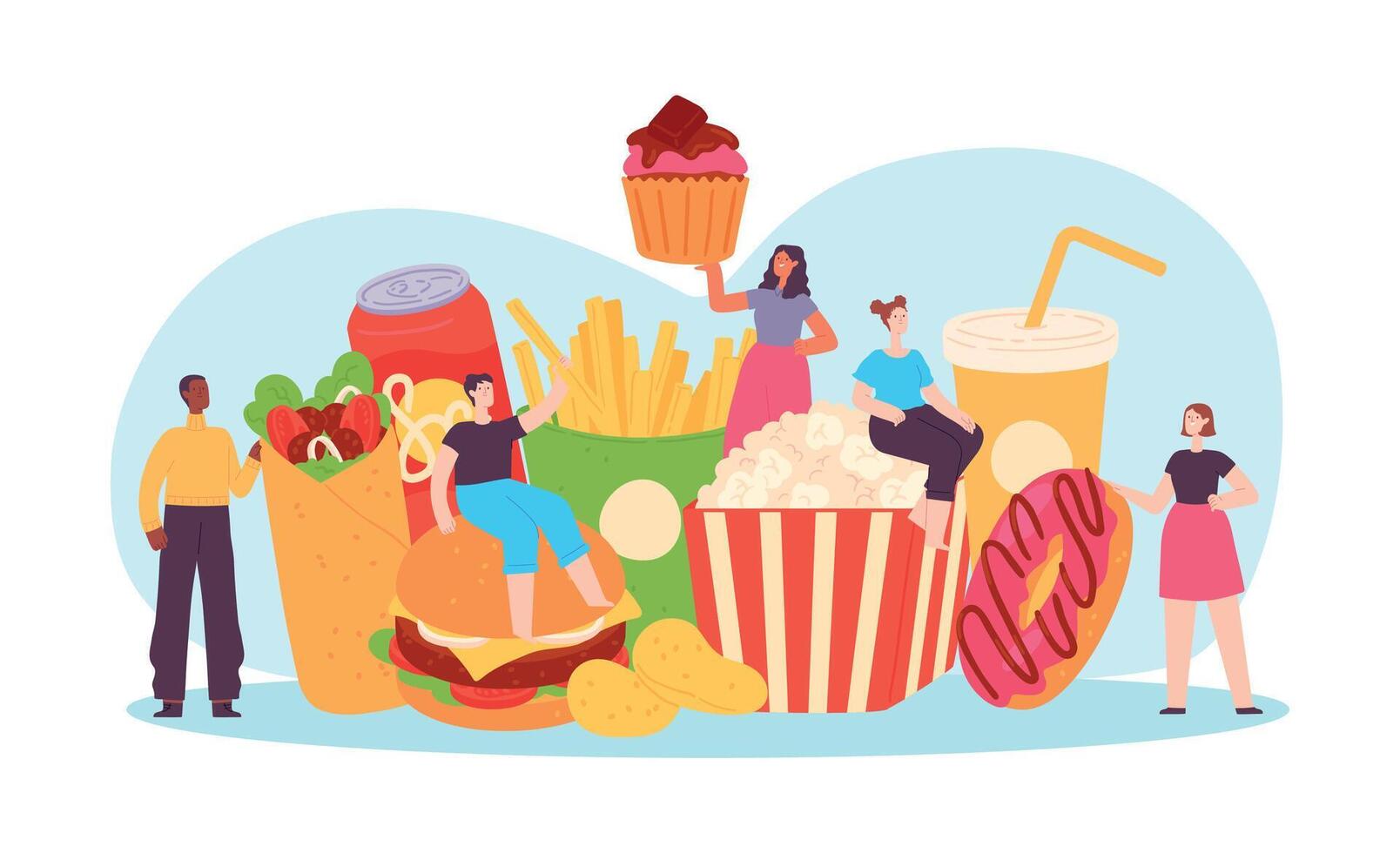 Tiny men and women enjoy fast food vector