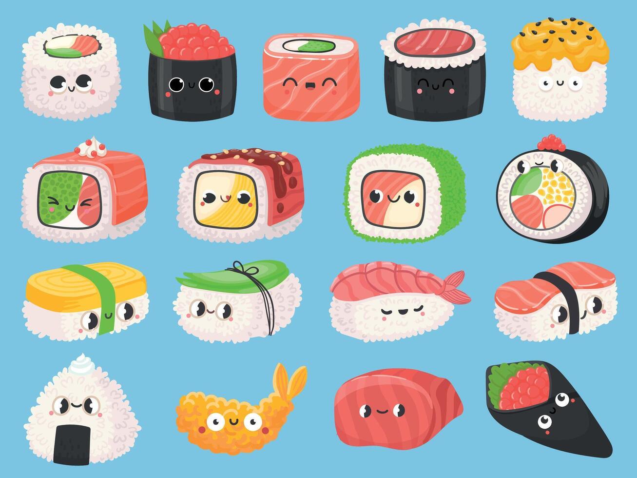 dibujos animados japonés Sushi, rollos y camarón tempura con kawaii caras. linda asiático comida nigiri con salmón. onigiri gracioso caracteres vector conjunto