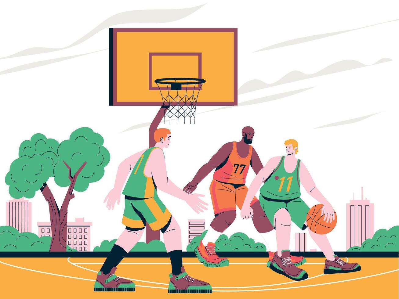 Basketball match illustration. Cartoon players playing ball on outdoor court with basket, sport activities concept with cityscape scenery. Vector background