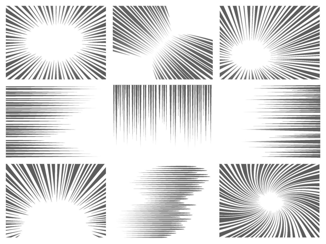 cómic línea efecto. radial y horizontal velocidad movimiento textura para manga y animé explosión, destello y rápido acción líneas vector gráfico conjunto