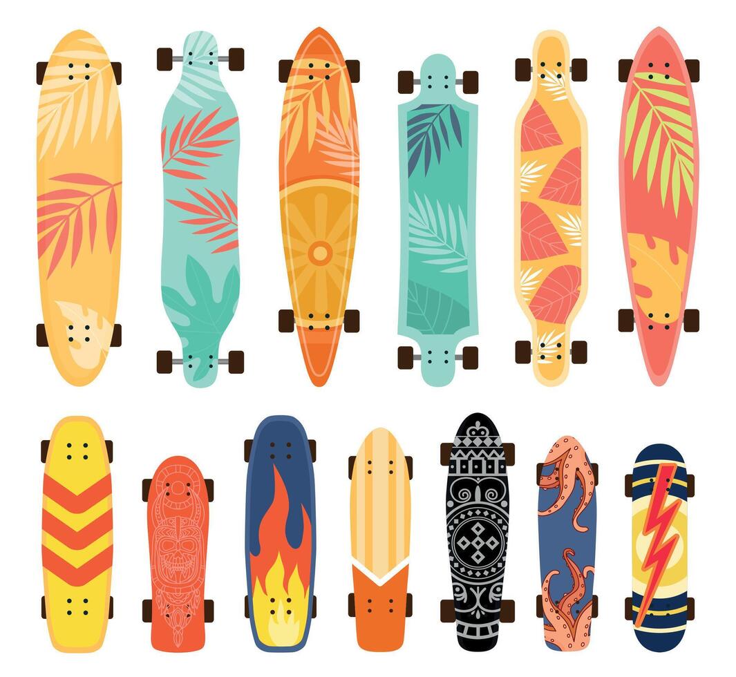 patineta fondo impresión diseños con llamas, tropical hojas y patrones. urbano calle deporte tablero equipo. dibujos animados patineta vector conjunto