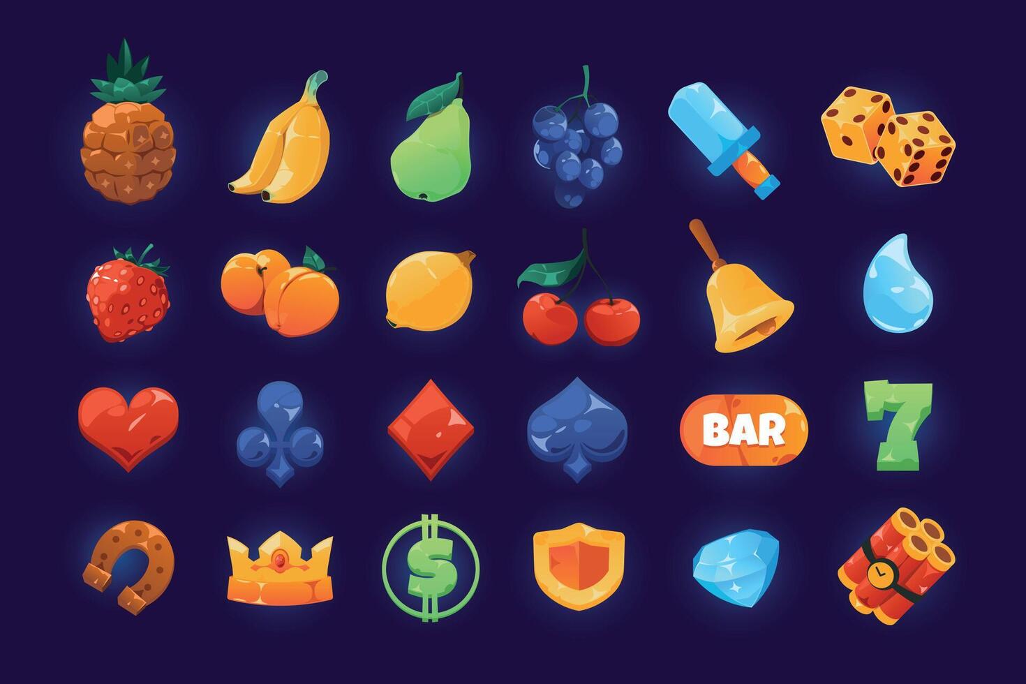 Slot icons. Cartoon shining casino symbols for slot machine and gambling, heart cherry bell crown fruits diamond bar and dollar colorful symbols. Vector isolated set