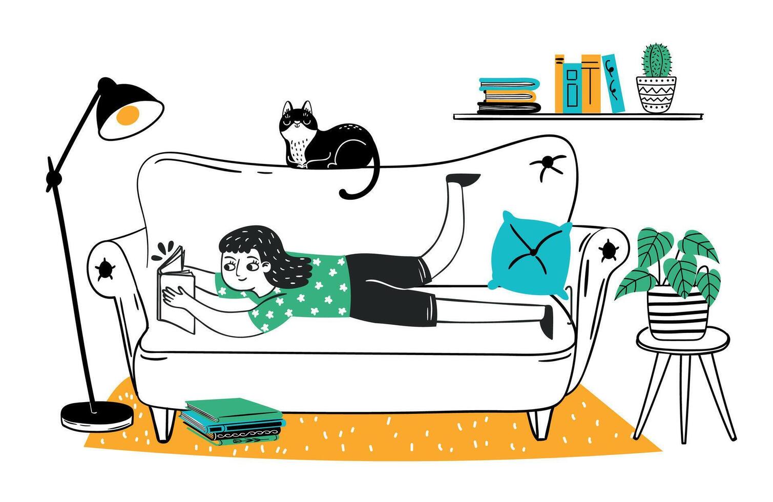 Hand drawn reader girl enjoying hobby lie in sofa vector
