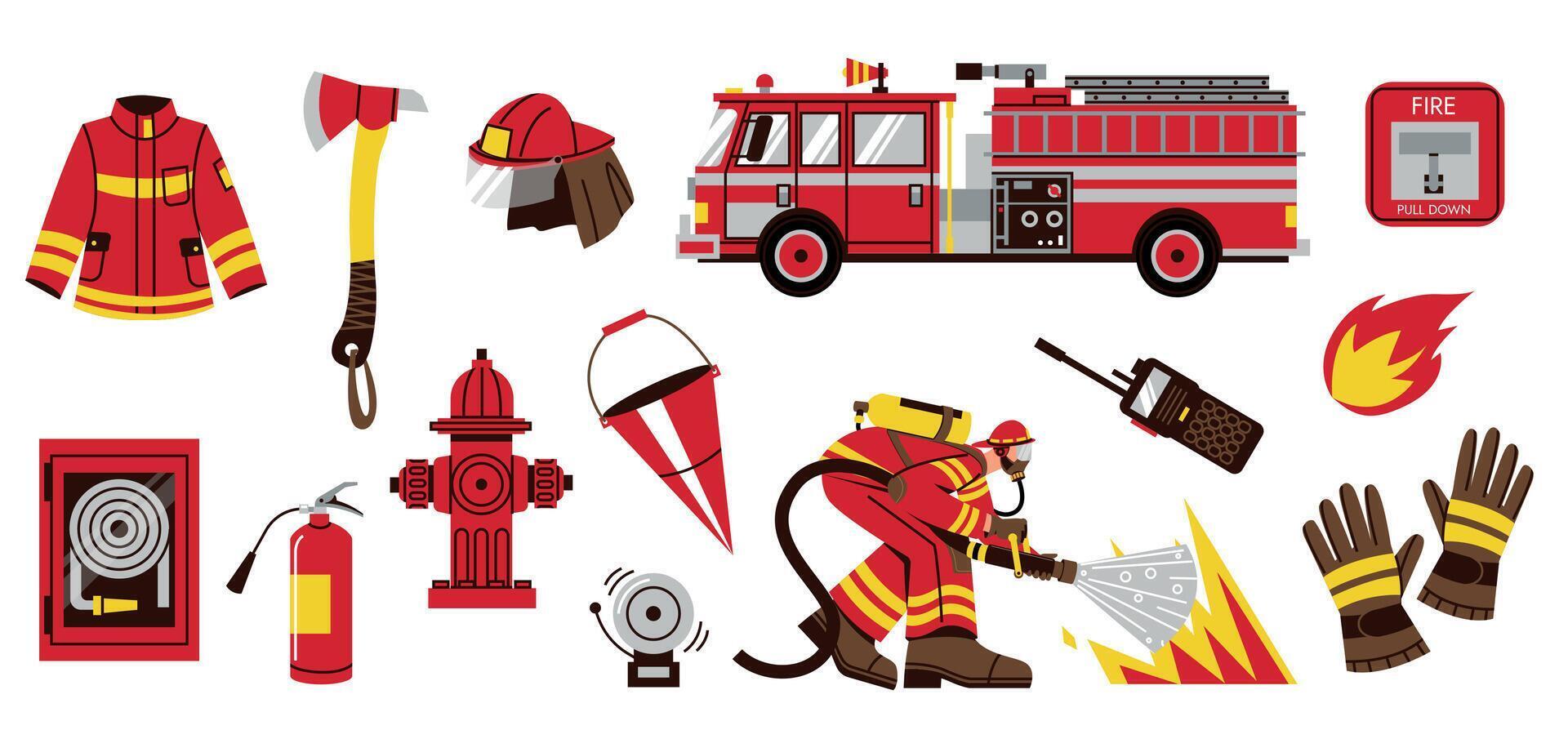 Fire truck with equipment. Firefighter characters with red rescue transport extinguisher hydrant bucket, fireman department instruments. Vector set