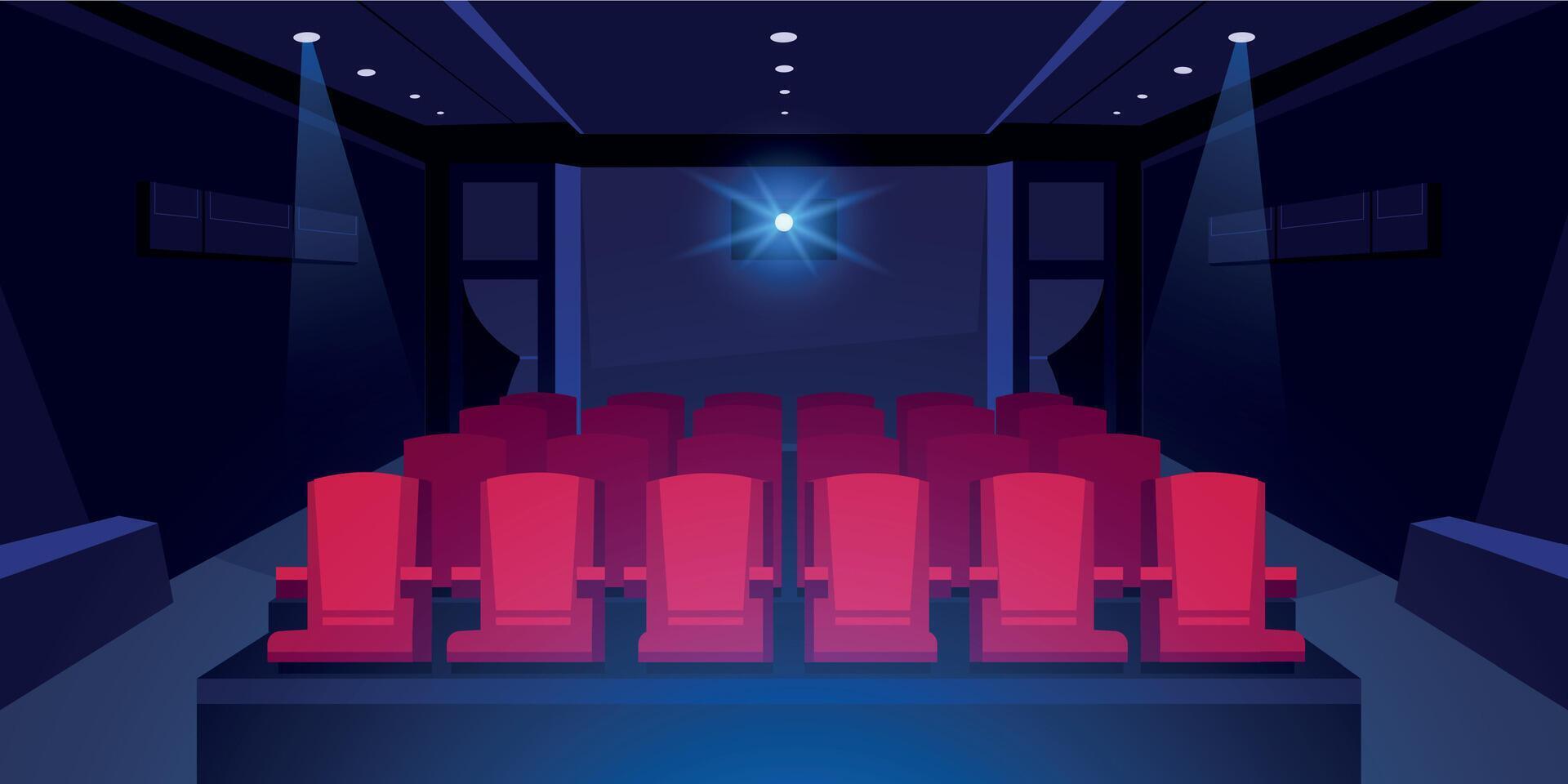 Cartoon cinema auditorium. Movie theater dark room with red seats and cinema projector glowing, scene background with concert hall interior. Vector illustration