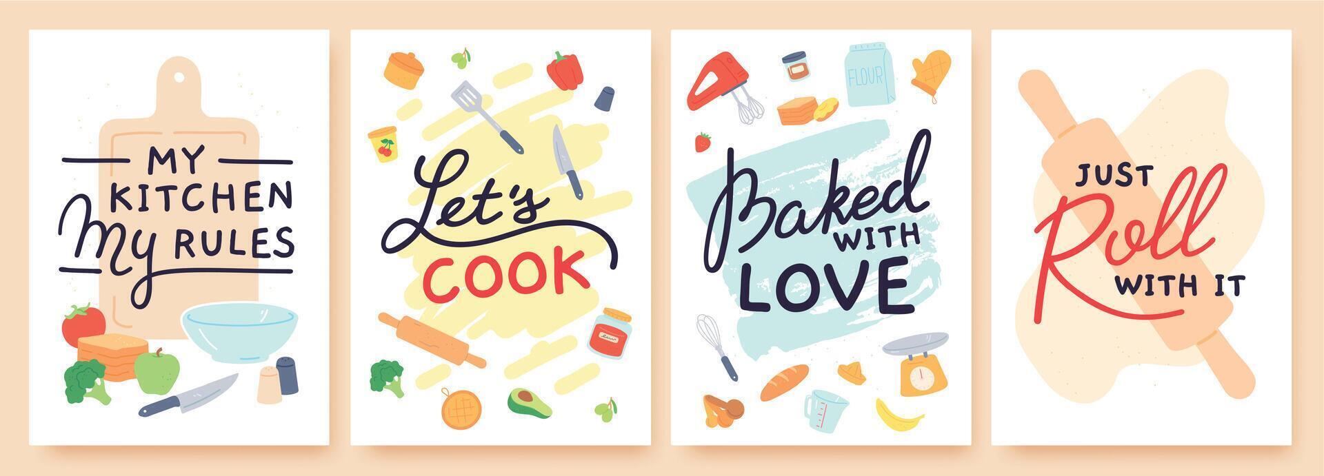 Cooking poster. Kitchen prints with utensils, ingredient and inspirational quote. Baked with love. Food preparation lesson banner vector set