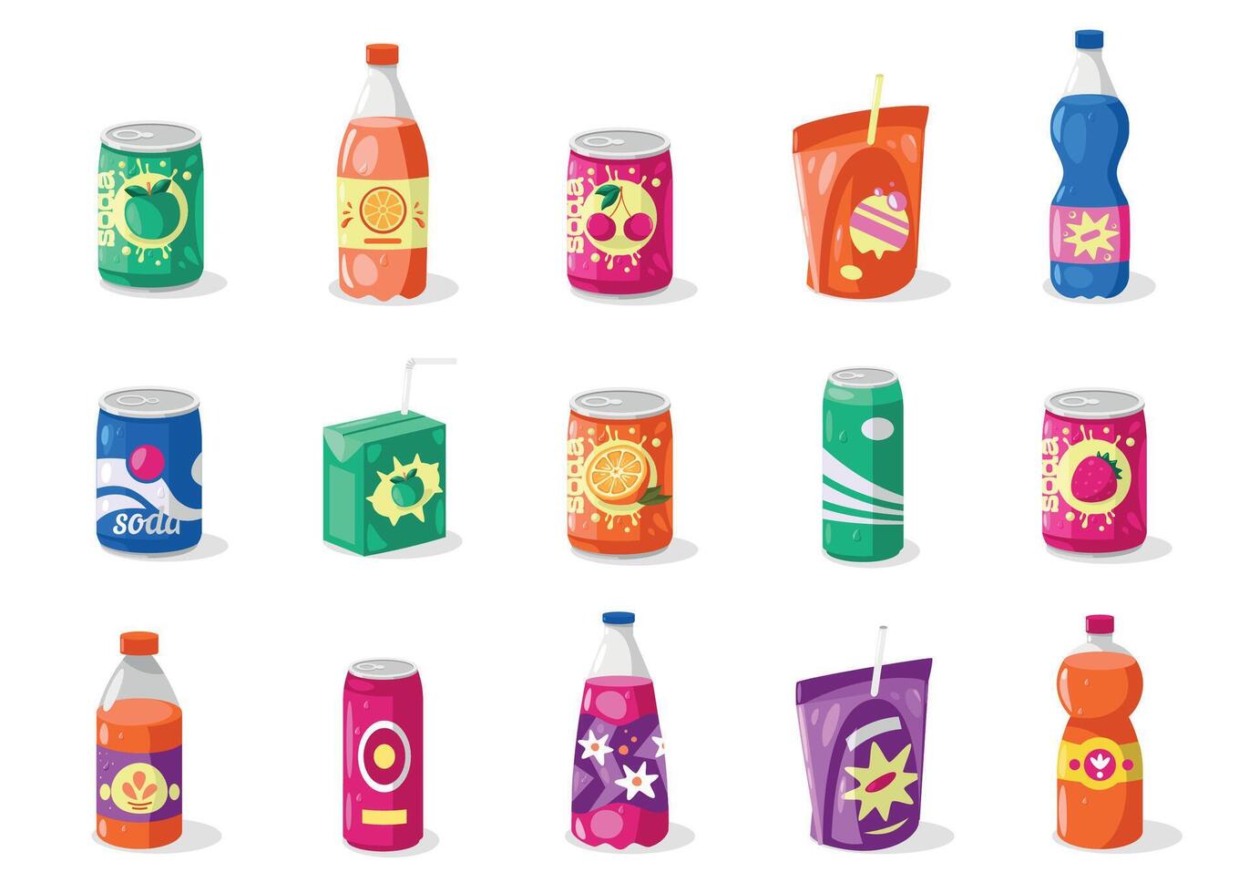 Drinks in bottles and cans. Cartoon aluminum, glass and plastic cans with different beverages, energy drink, alcohol, alcoholic beverage vector