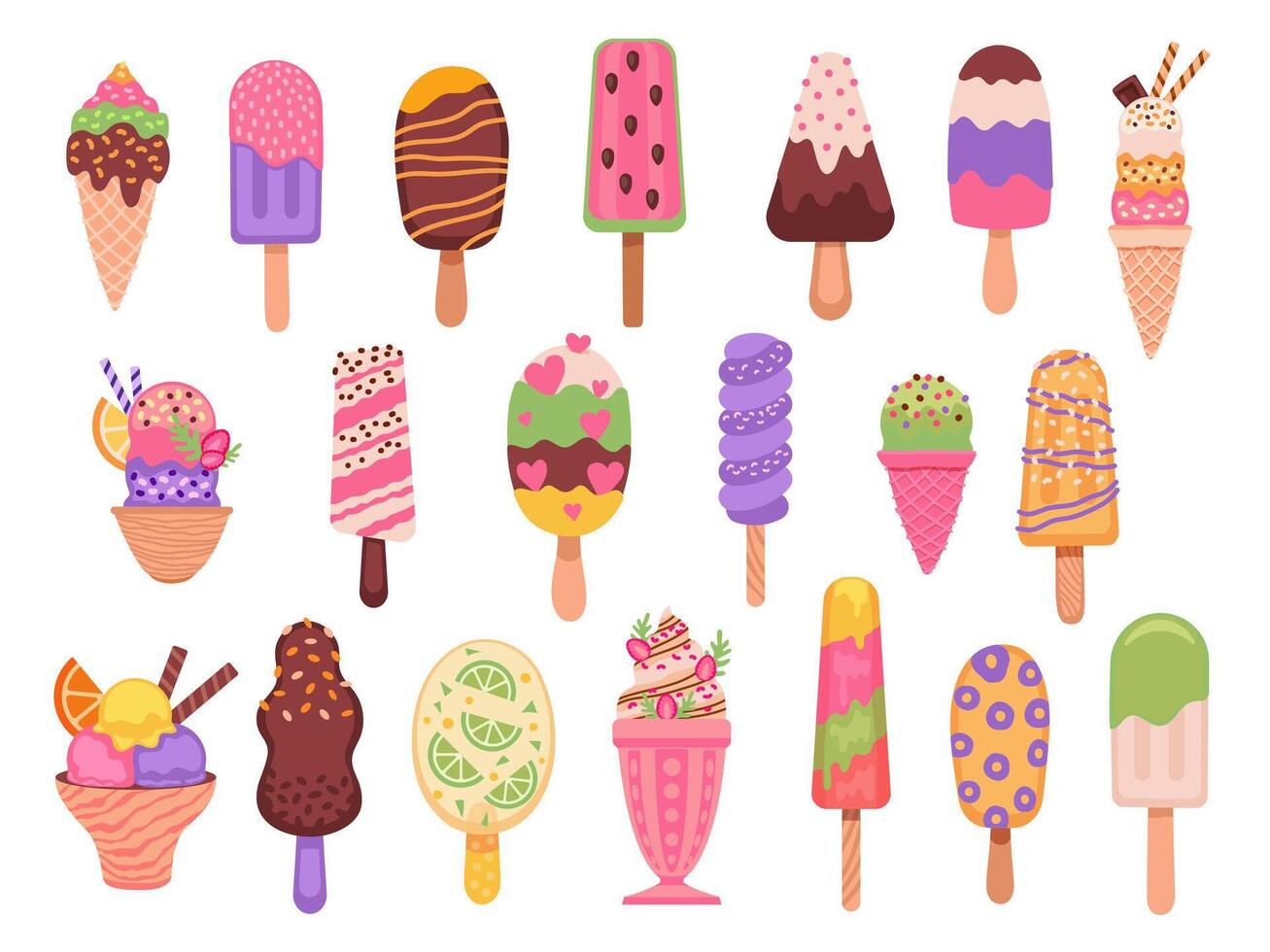 Ice cream. Cartoon summer dessert, popsicles, fruit frozen juice and yogurt, watermelon sorbet. Chocolate creams with sprinkles vector set