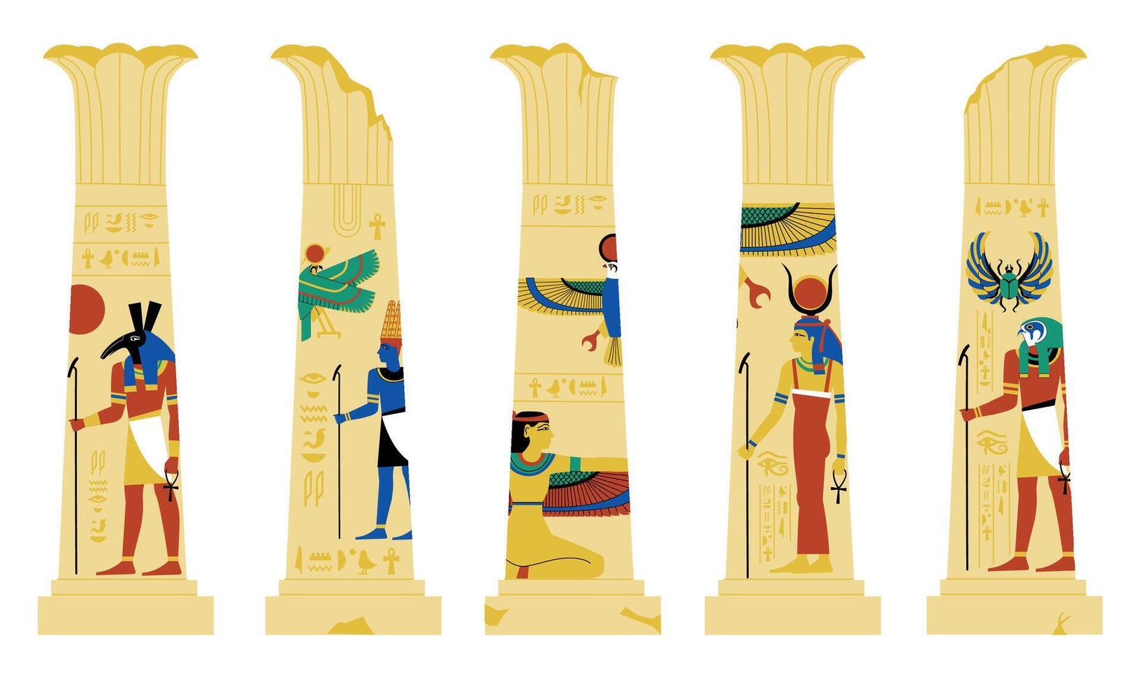 Egyptian pillar. Ancient broken columns with ornamental shapes, temple building decorative elements 2d style. Vector isolated set