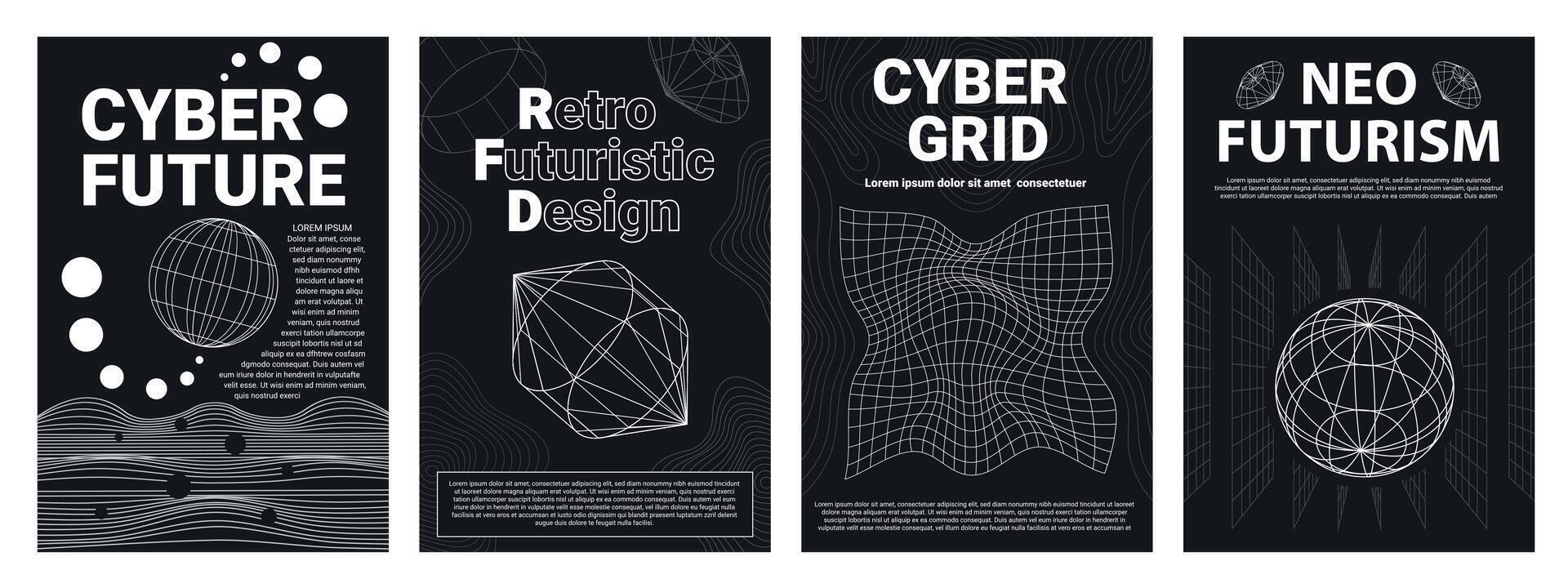 Neo futuristic abstract posters with grids and wireframe 3d objects. Cyberpunk future geometric designs. 90s retro surreal covers vector set