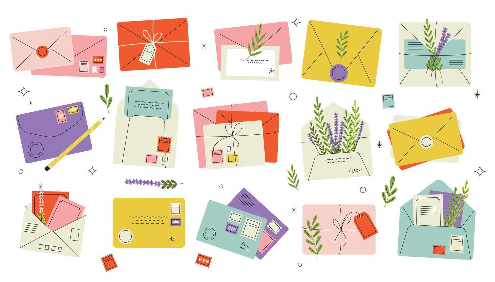 Cartoon envelopes with letters. Open and closed blank postcards with address and stamp, send and receive greeting cards mockup with postmarks. Vector set