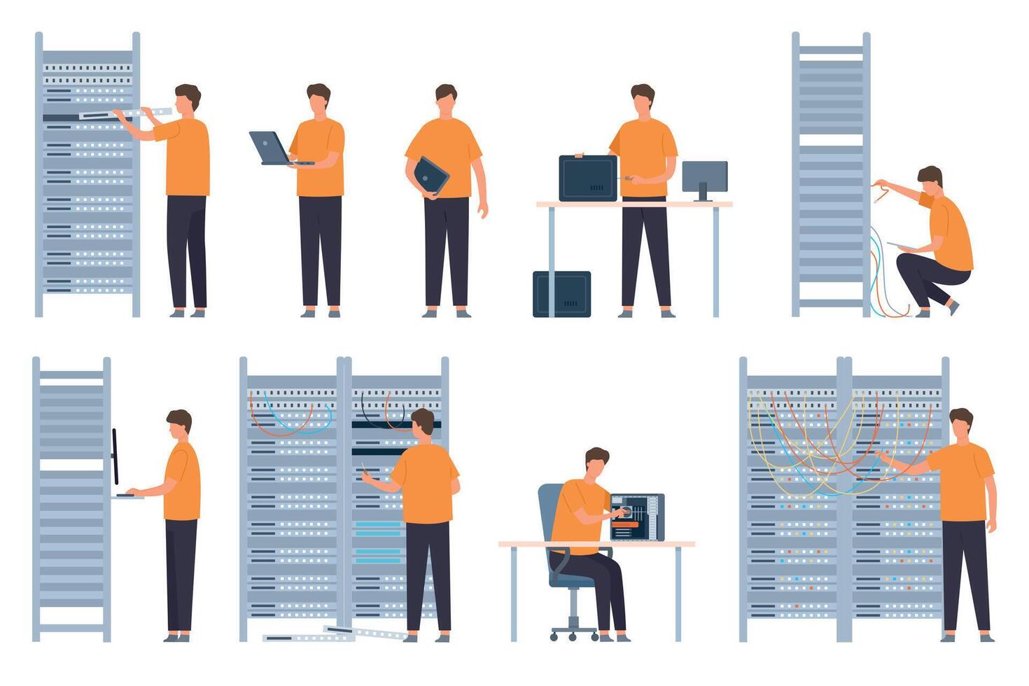 Flat server and computer repairman, technicians and system administrators. Data servers network maintenance and support workers vector set