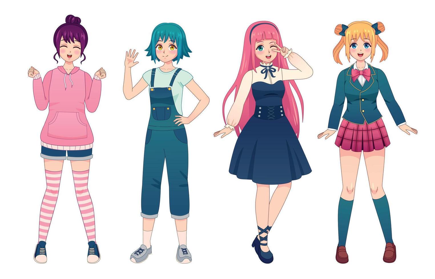 anime chicas. hermosa japonés manga colegialas en uniforme, lolita estilo vestido, mono y sudadera. contento kawaii hembra poses vector conjunto