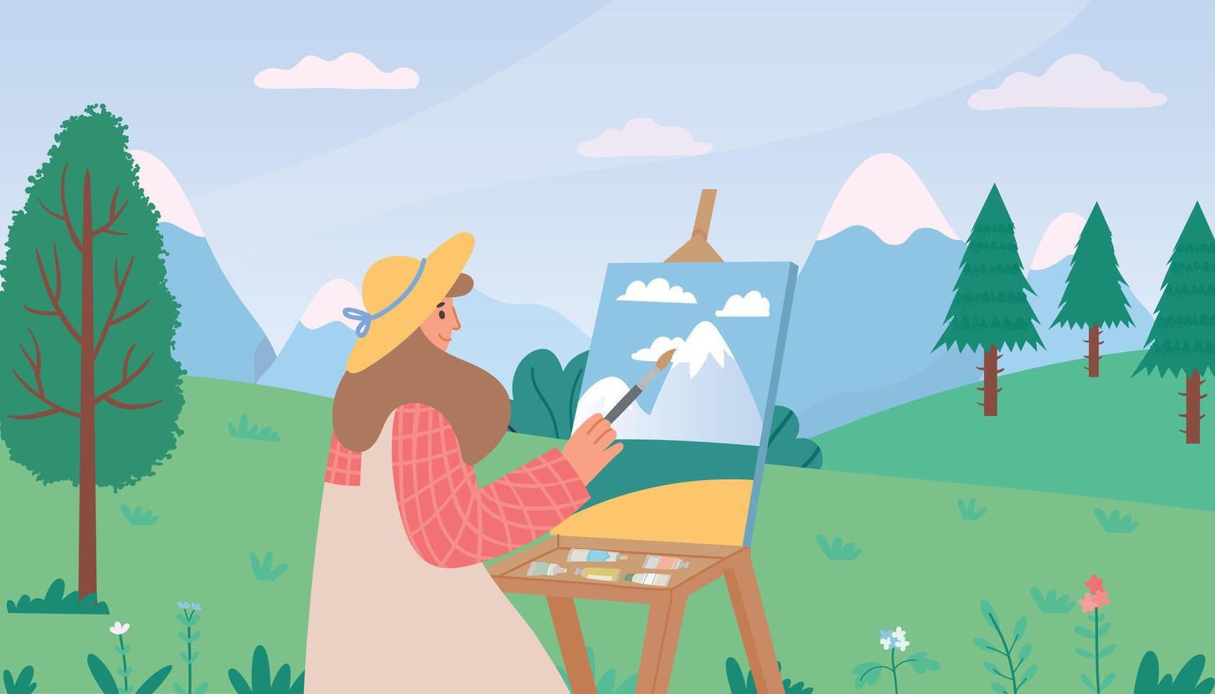 hembra artista pintura verano naturaleza. mujer en sombrero sentado al aire libre en verde césped y dibujo montañas paisaje vector