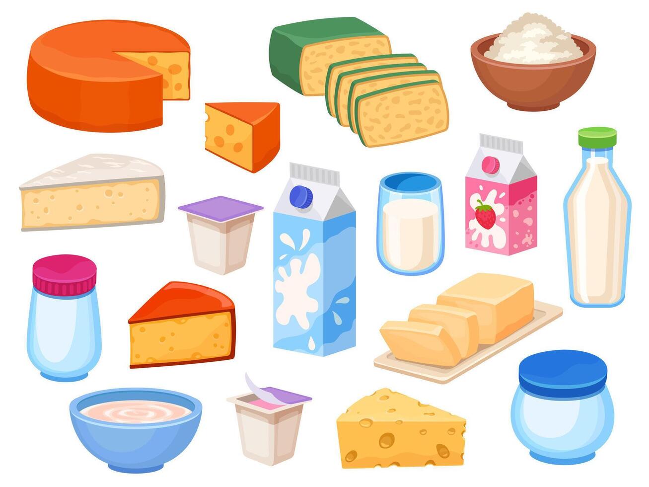 lechería productos queso rebanadas, Leche en botella, caja y vaso, yogur, manteca, Cuajada en cuenco y crema. dibujos animados granja lechoso comida vector conjunto