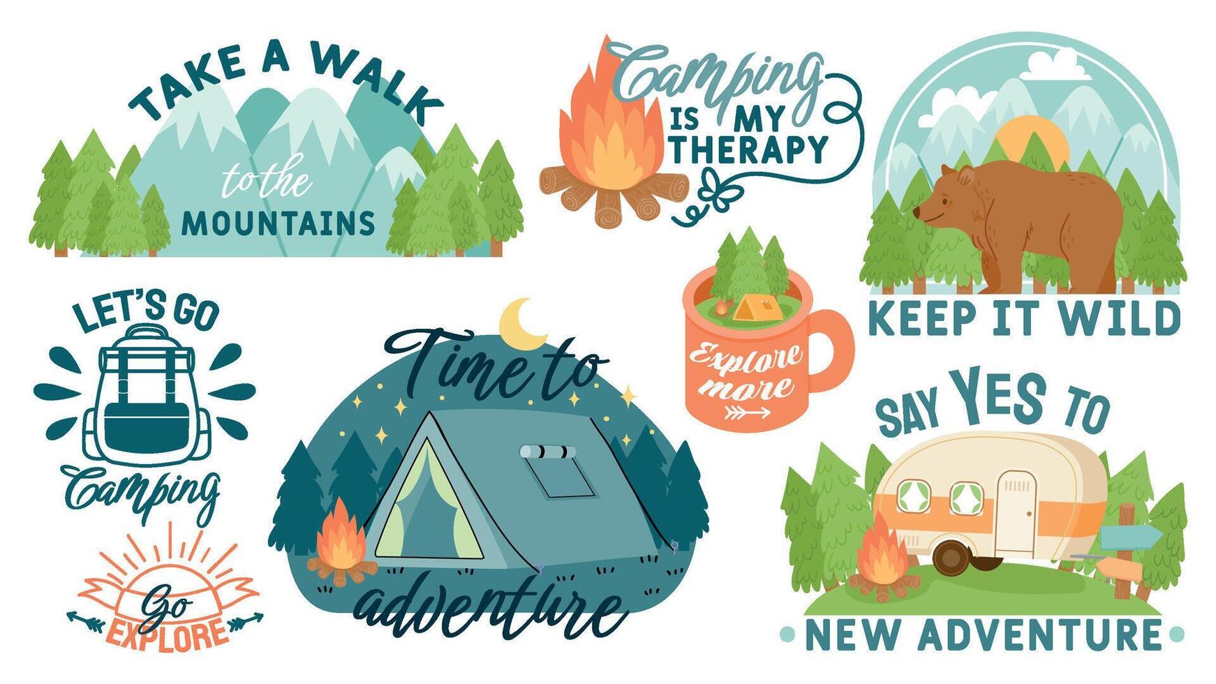 Camping, hiking and outdoor adventure motivation quotes and elements. Travel slogans with mountains, forest, tent and campfire vector set