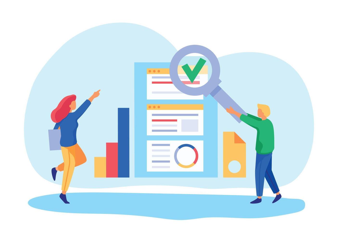 Kanban project management. Man and woman working together and checking assigned tasks. Team improving and visualizing workflow vector