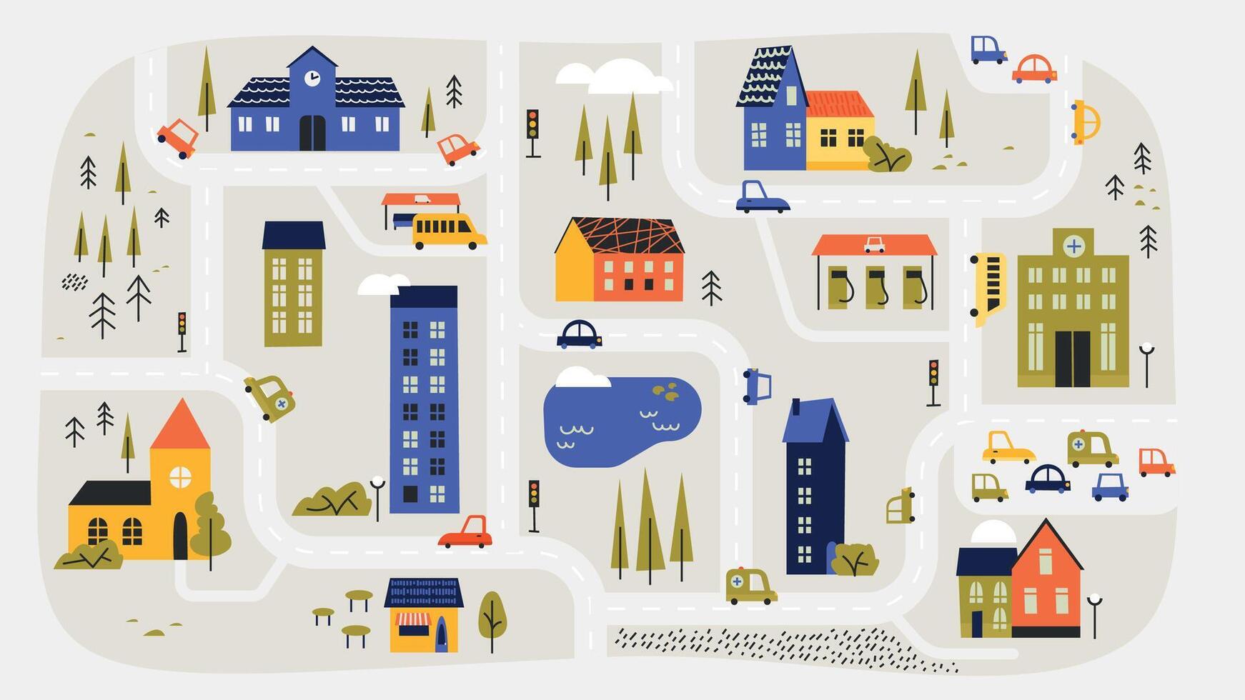 Cute town map. Children street plan with buildings and trees, cute village landscape with houses and cars. Vector cartoon community street plan