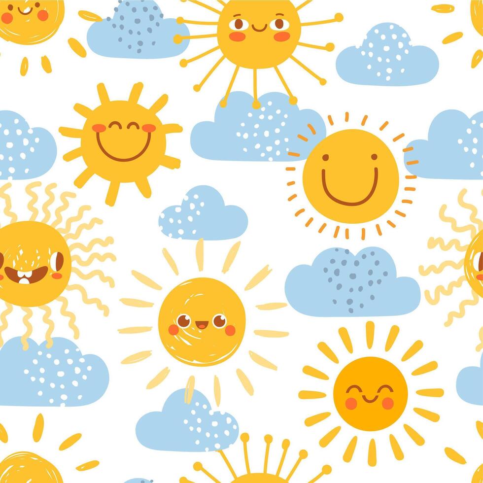 Cartoon sun seamless pattern. Print for nursery with summer sunny day sky with clouds. Cute baby sunshine with funny emoji faces vector set