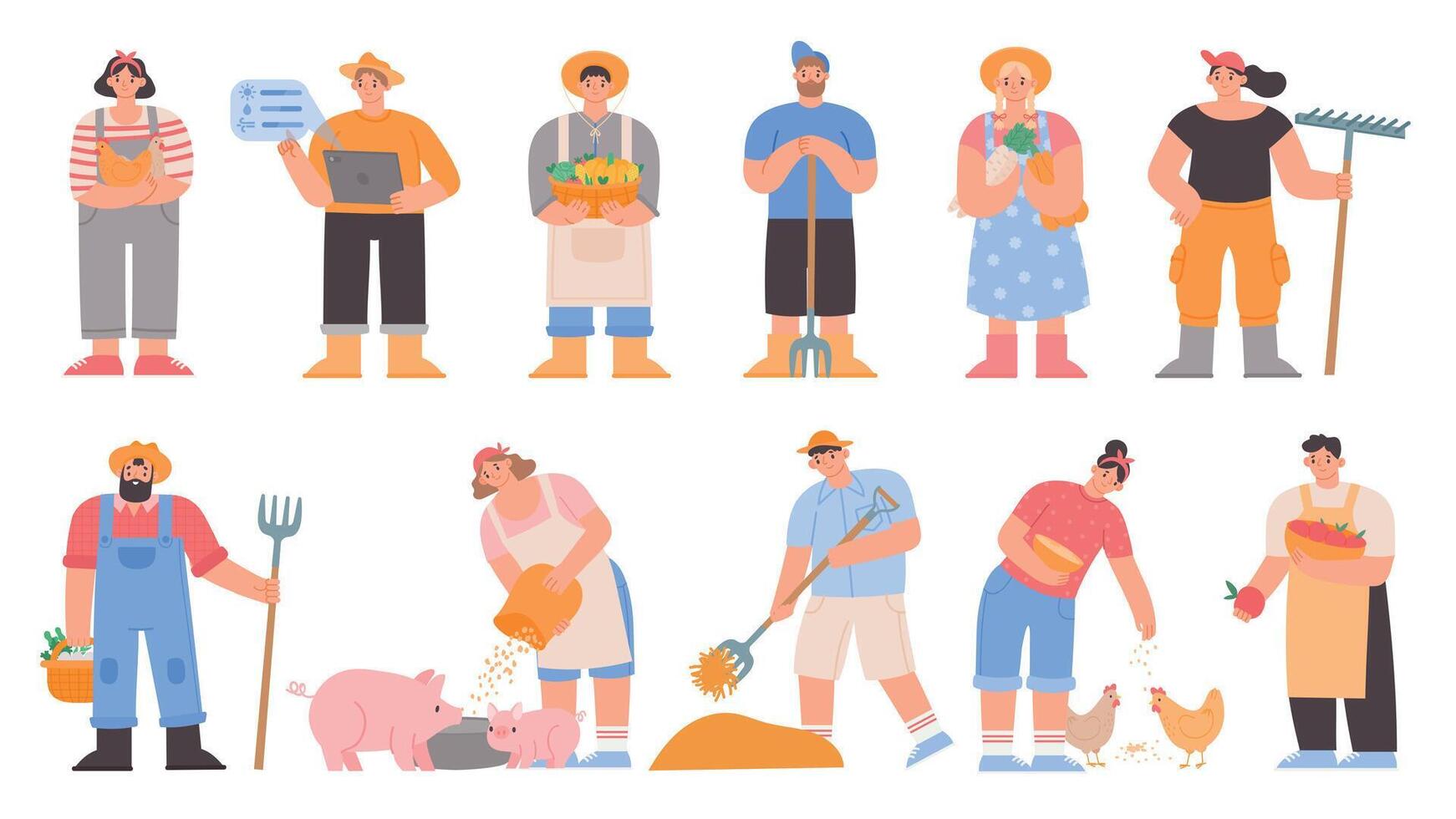 Cartoon farmers. Agricultural workers hold vegetables and farming tools, feed pig and chickens, dry hay. Garden or farm character vector set