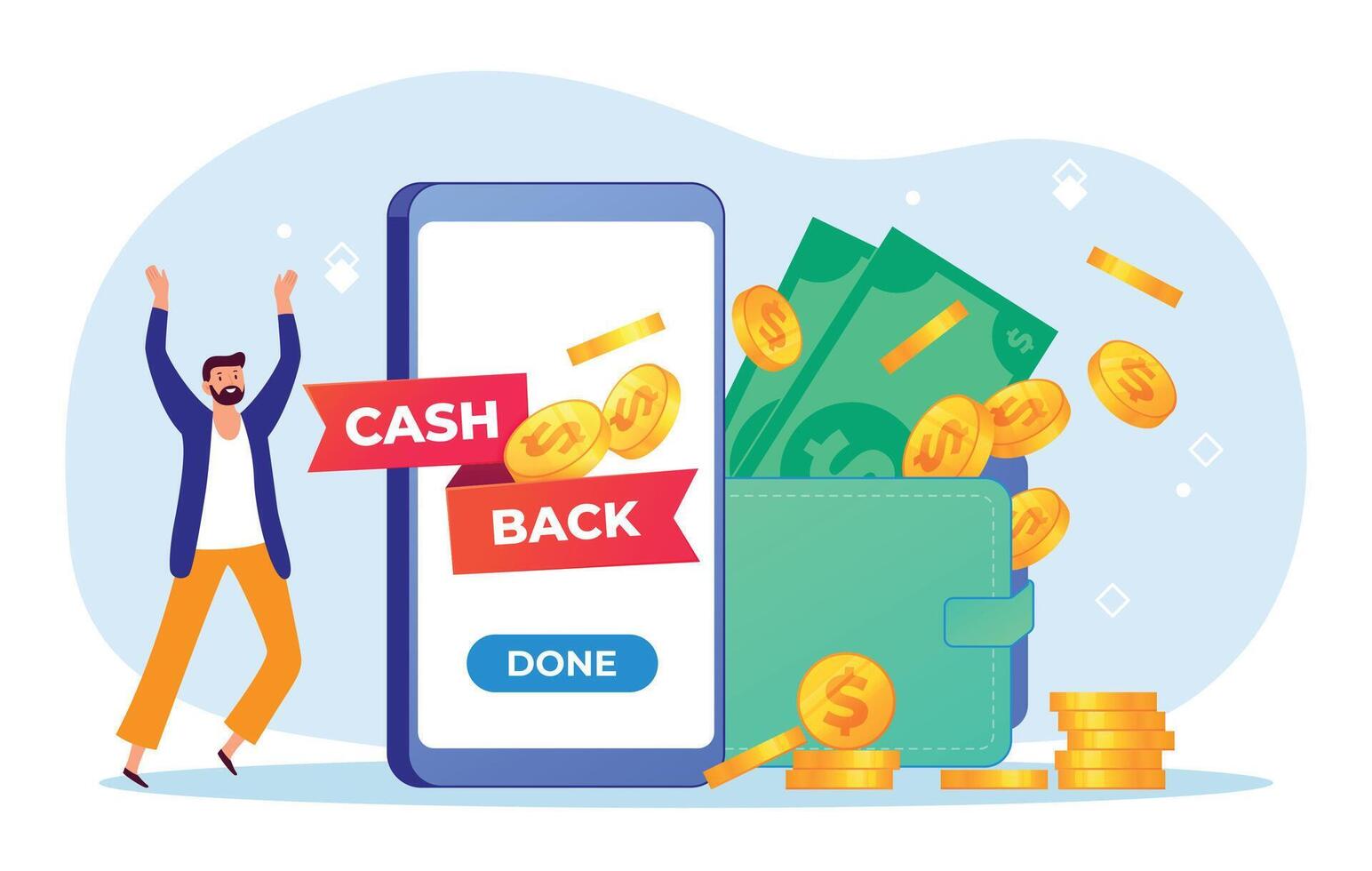 Cash back concept, happy man get money to wallet vector