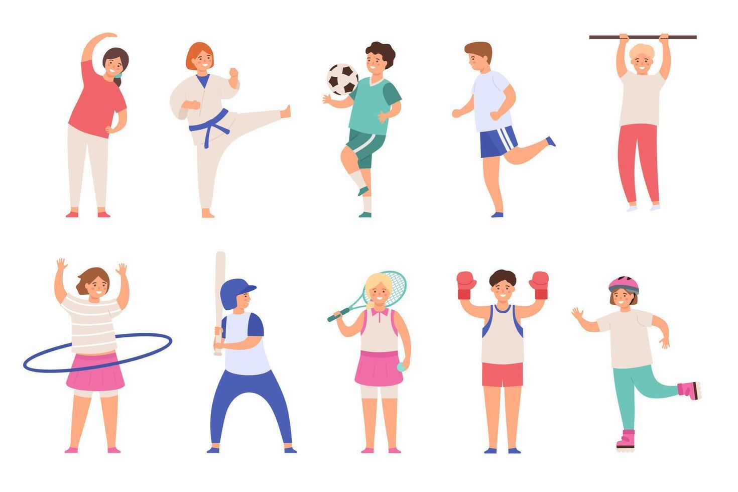 Sport kids. Children play football and tennis, doing exercise and karate, run and boxing. Boys and girls physical activities flat vector set